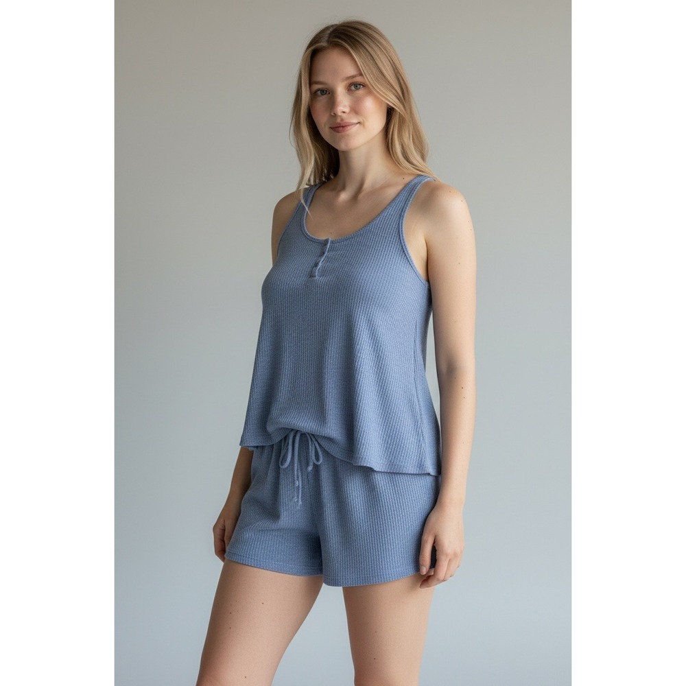 Love by Gap Ribbed Lounge Set Blue Tank Shorts‎ Cozy Soft Girl Large Comfy